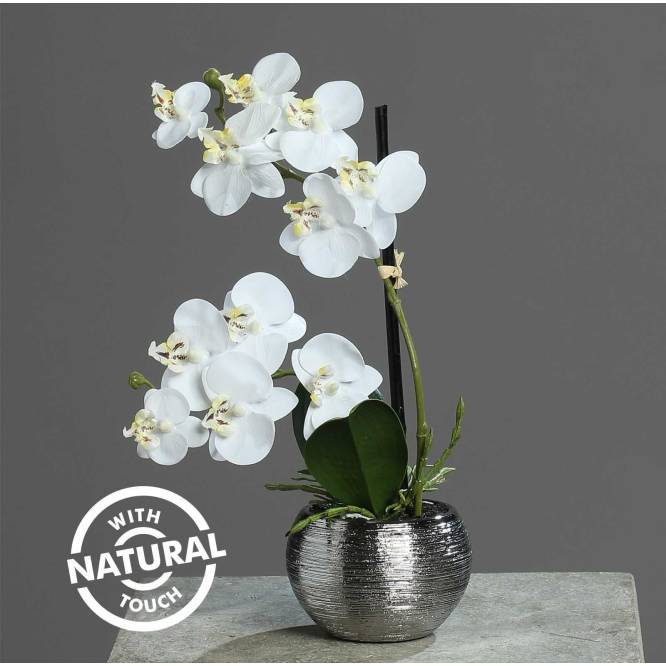 Orhidee artificiala Phalaenopsis alba cu aspect 100% natural in vas ceramic, 30 cm