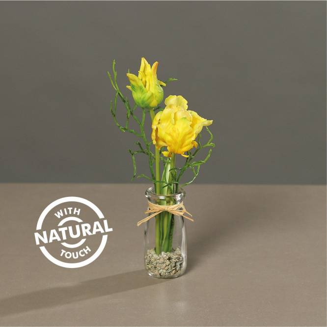 Aranjament artificial cu lalele galbene in vas de sticla 25cm , aspect 100% natural