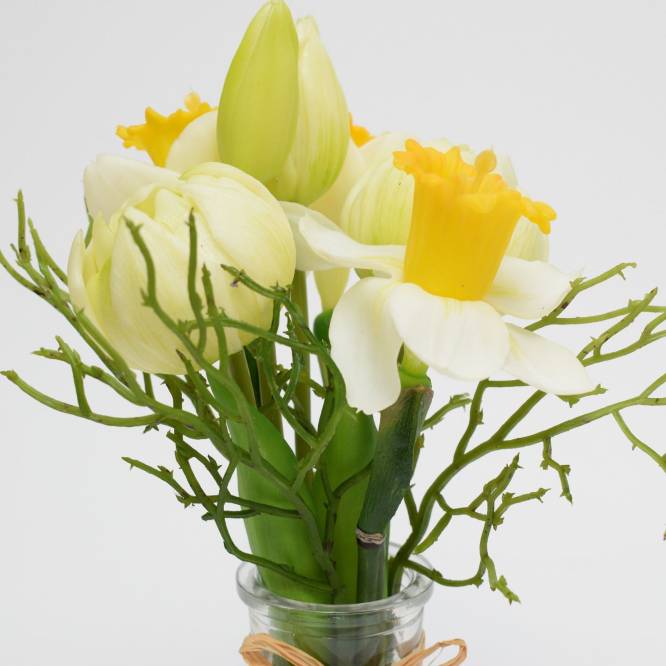Aranjament floral cu lalele si narcise artificiale 26 cm, aspect 100% natural