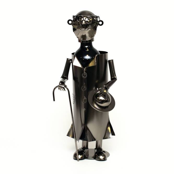 Suport metalic Om cu baston si palarie pentru sticla de vin, 36 cm