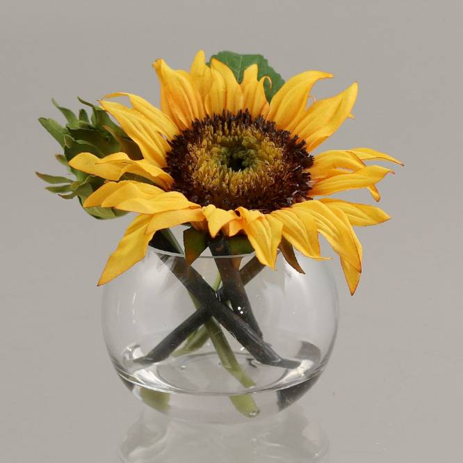 Aranjament floarea soarelui artificiala in bol de sticla cu aspect natural, 15 cm