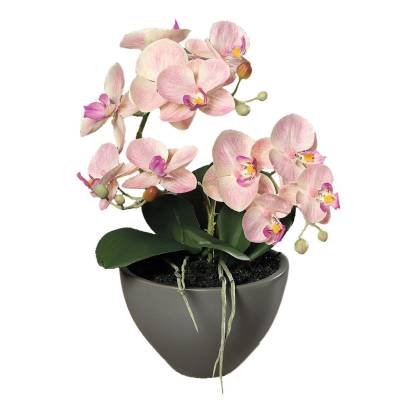Orhidee artificiala Phalaenopsis roz deschis in vas ceramic, 35 cm