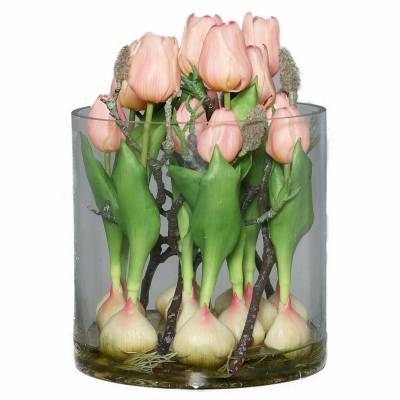 Aranjament lalele artificiale roz prafuit in bol de sticla cu aspect 100% natural, 29 cm