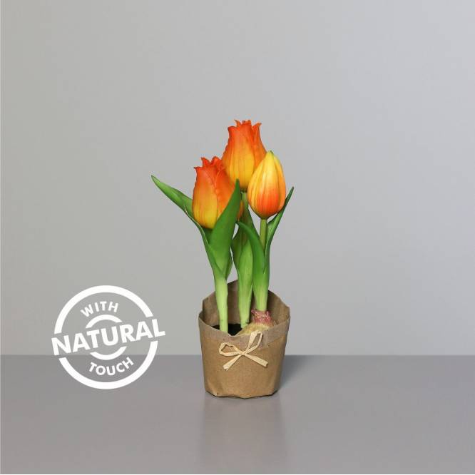 Aranjament cu lalele 19cm portocalii in suport de hartie natur, aspect 100% natural, artificiale