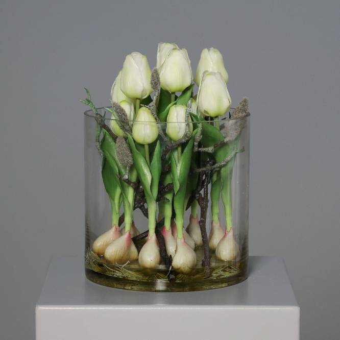 Aranjament lalele artificiale albe in bol de sticla cu aspect 100% natural, 29 cm