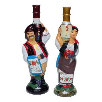 Set doua sticle de vin pictate manual, taran si tarancuta in cutie cadou, 39 cm