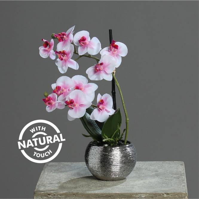 Orhidee artificiala Phalaenopsis alb-roz cu aspect 100% natural in vas ceramic, 30 cm