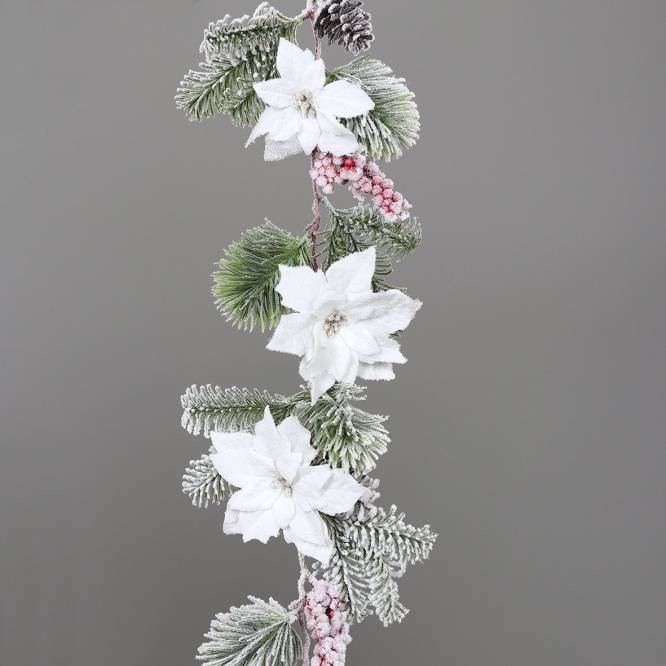 Ghirlanda brad ninsa cu flori albe de Craciunita, conuri si fructe, 180 cm