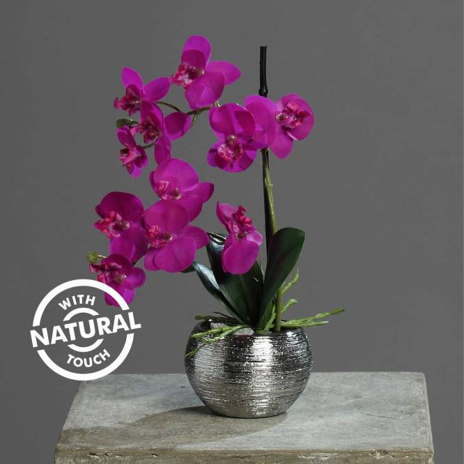 Orhidee artificiala Phalaenopsis mov cu aspect 100% natural in vas ceramic, 30 cm