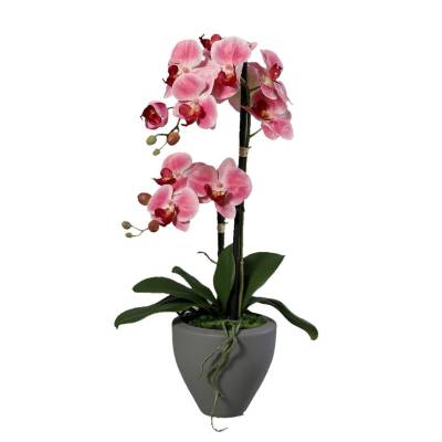 Orhidee artificiala Phalaenopsis roz cu aspect 100% natural in vas ceramic, 57 cm