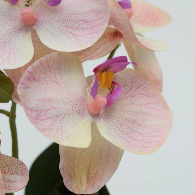 Orhidee artificiala Phalaenopsis roz deschis in vas ceramic, 30 cm