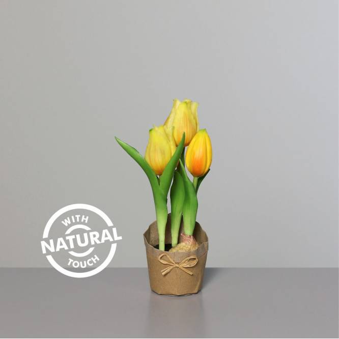 Aranjament cu lalele galbene 19 cm in suport de hartie natur, aspect 100% natural, artificiale